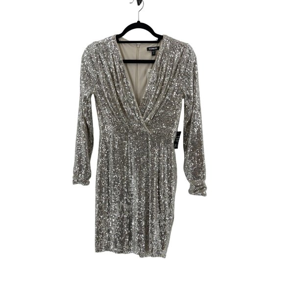 NWT Express Women's Long Sleeve Silver Sequin V Neck Cocktail Party Dress XS - Picture 2 of 15